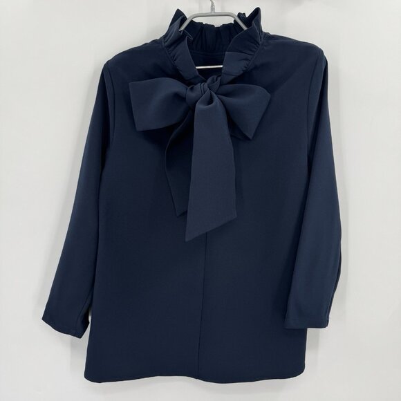 Tuckernuck Navy Blue Faye Blouse sz S Small Swing Top Ruffle Collar Bow Tie - Picture 4 of 7